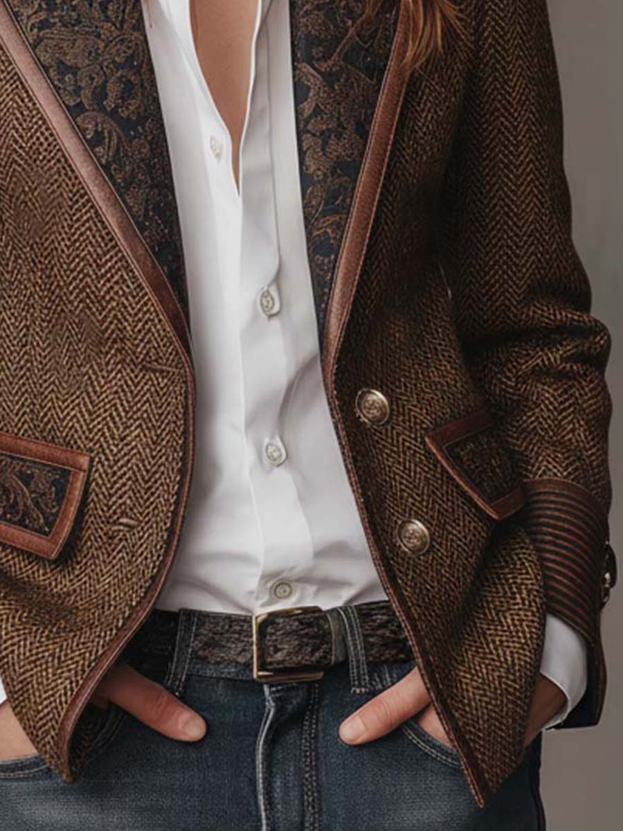 Gisella | Blazer Marrone a Pannelli Chevron