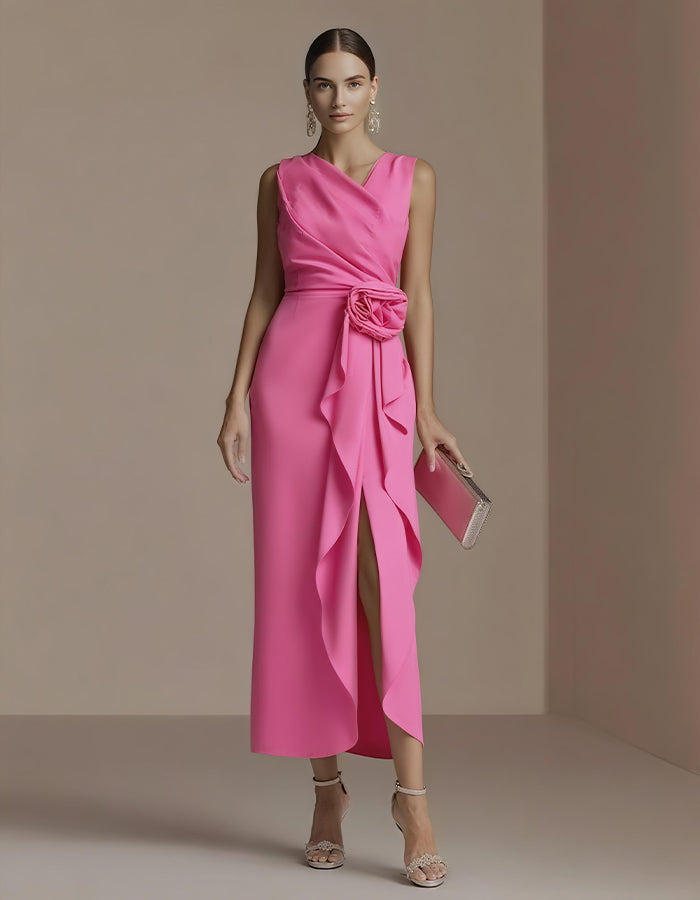 Elisabetta | Abito Midi Drappeggiato con Fiore in Vita e Spacco