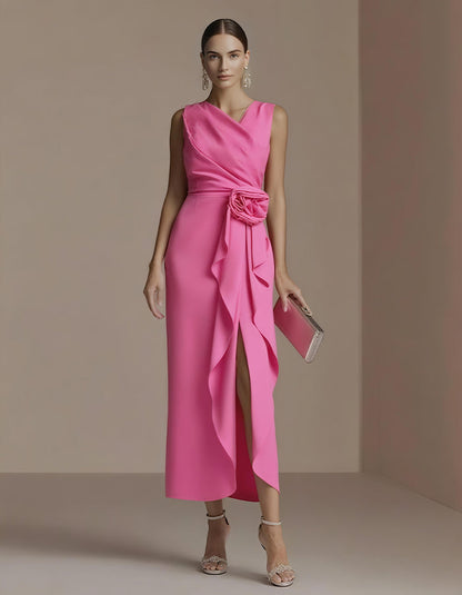 Elisabetta | Abito Midi Drappeggiato con Fiore in Vita e Spacco