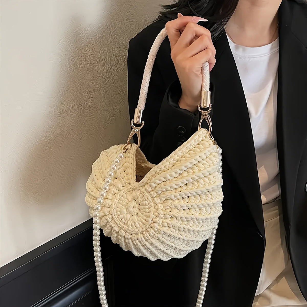 Tamara | Borsa Tote Intrecciata con Manico a Catena - Bianco Panna