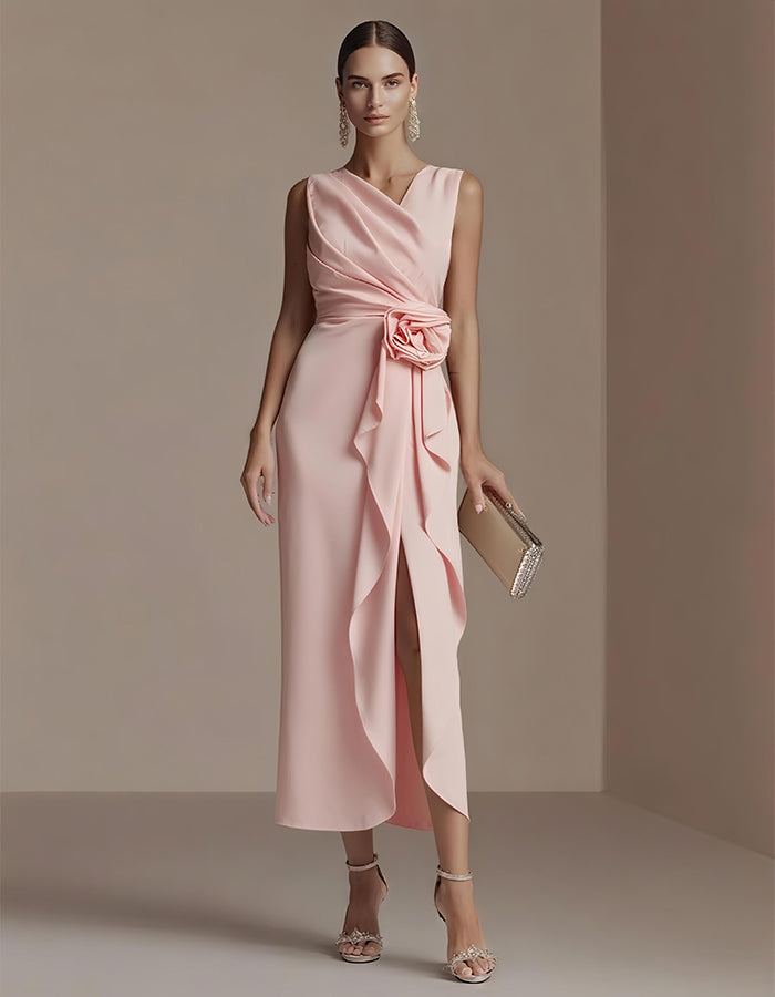 Elisabetta | Abito Midi Drappeggiato con Fiore in Vita e Spacco