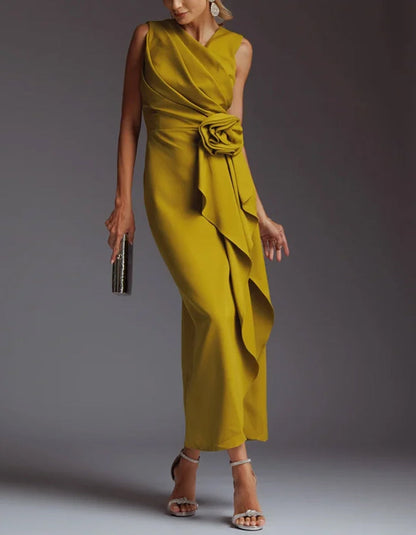 Elisabetta | Abito Midi Drappeggiato con Fiore in Vita e Spacco