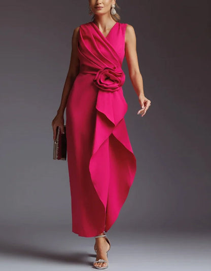 Elisabetta | Abito Midi Drappeggiato con Fiore in Vita e Spacco