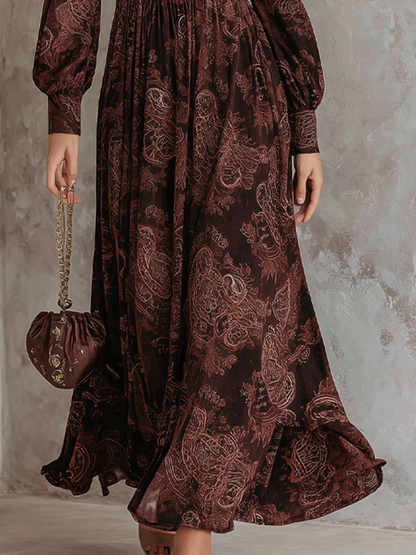 Oriana | Abito Lungo a Vita Alta con Zip e Stampa Paisley