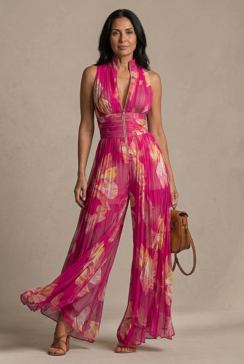 Ilenia | Tuta plissettata con stampa floreale fucsia