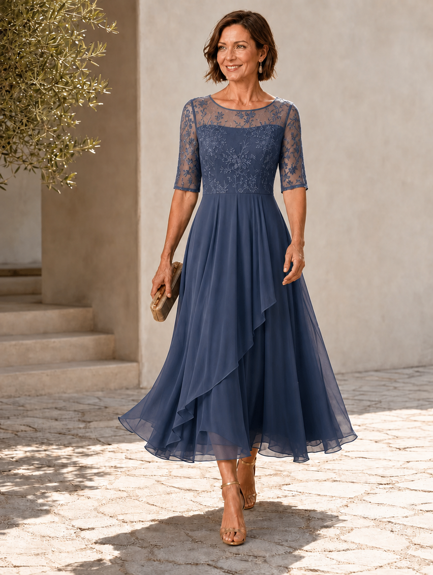 Rhonda | Abito Midi in Pizzo con Gonna in Chiffon