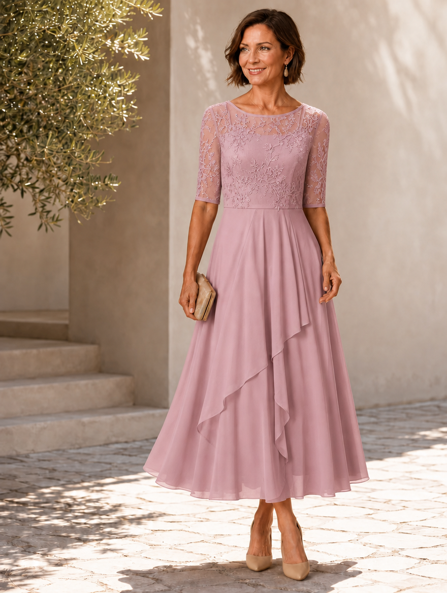 Rhonda | Abito Midi in Pizzo con Gonna in Chiffon