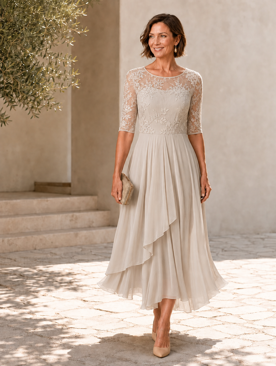 Rhonda | Abito Midi in Pizzo con Gonna in Chiffon
