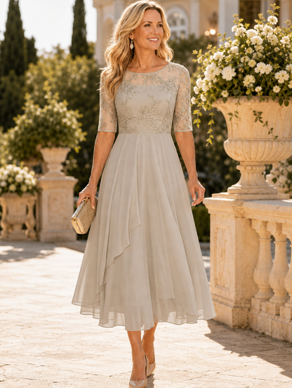 Rhonda | Abito Midi in Pizzo con Gonna in Chiffon