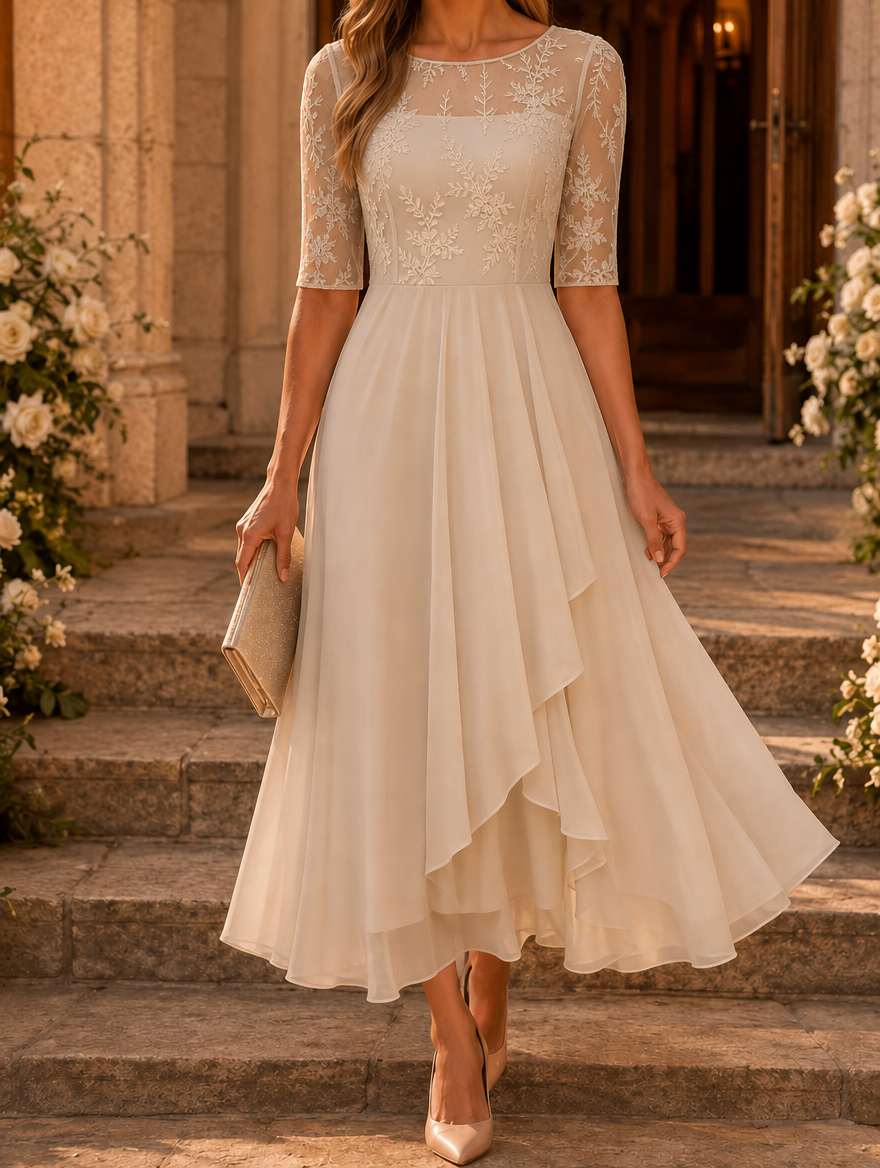 Rhonda | Abito Midi in Pizzo con Gonna in Chiffon