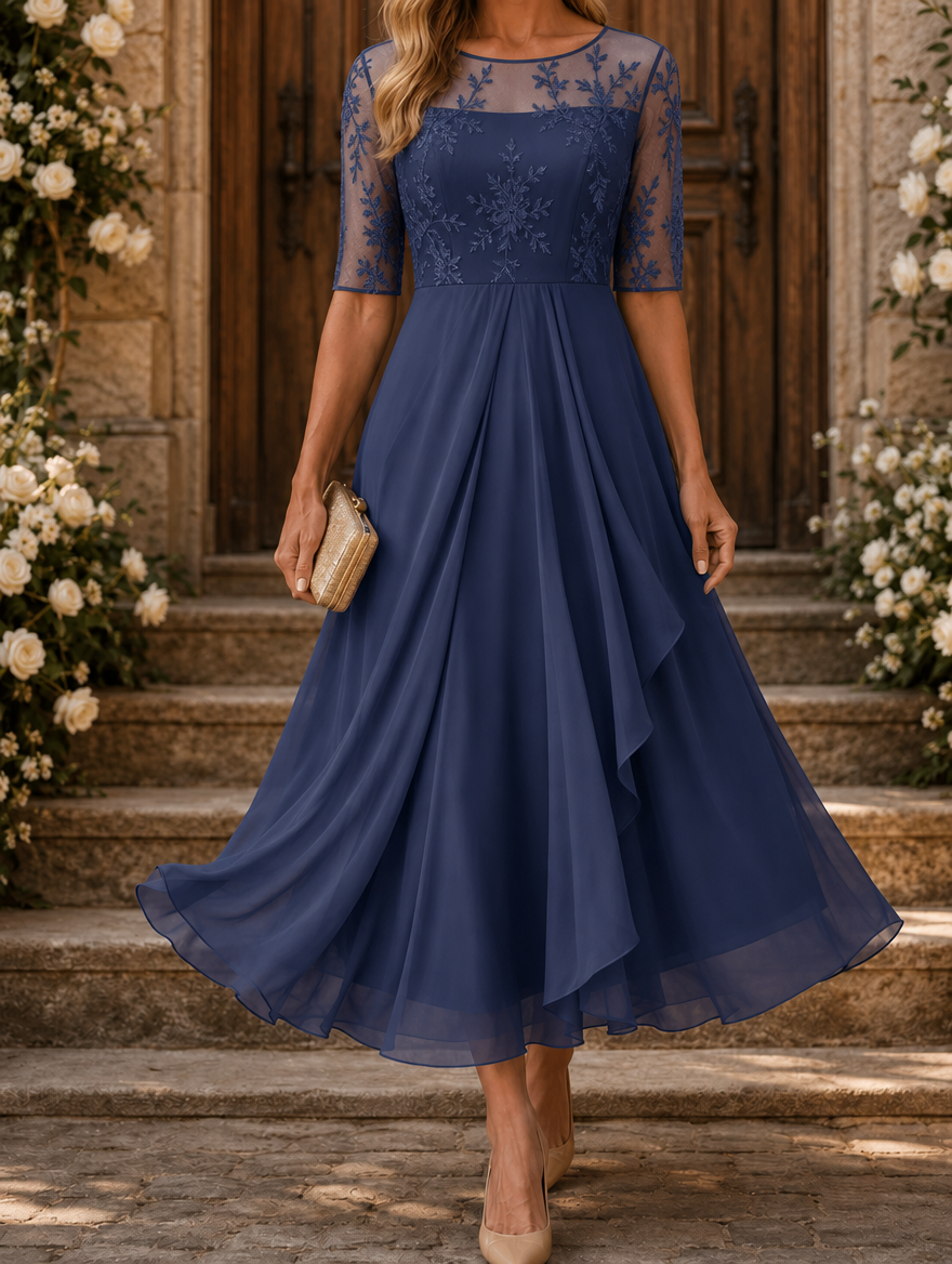 Rhonda | Abito Midi in Pizzo con Gonna in Chiffon
