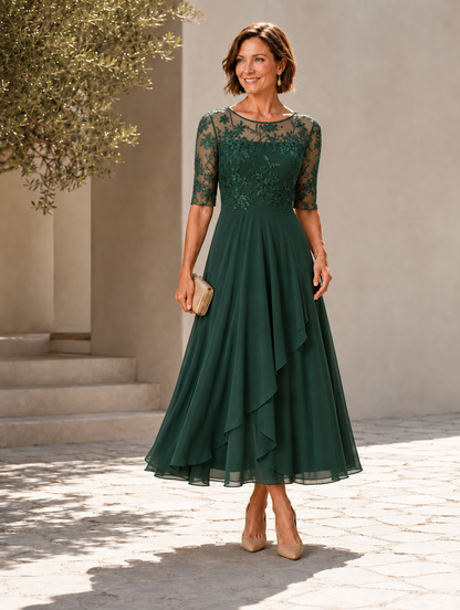 Rhonda | Abito Midi in Pizzo con Gonna in Chiffon