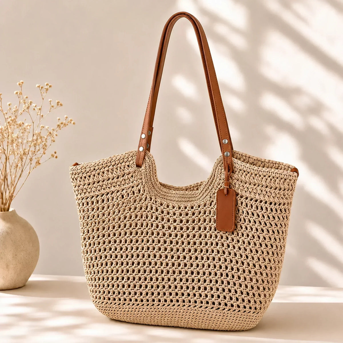 Alina | Borsa Shopper Intrecciata a Mano - Beige Chiaro