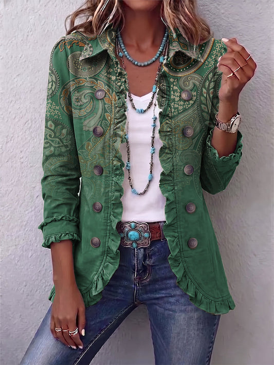 Teodora | Giacca Stampa Cashmere Verde con Volants