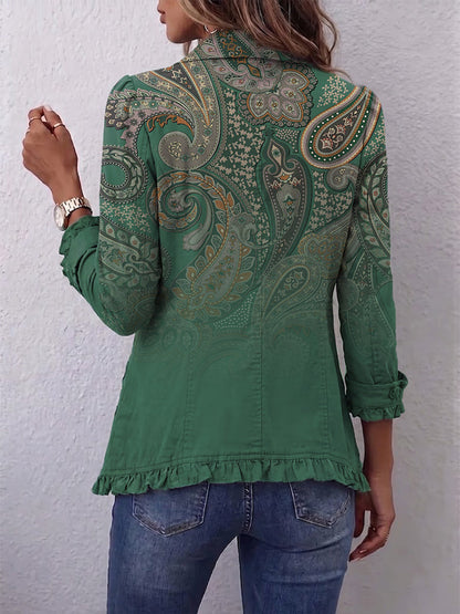 Teodora | Giacca Stampa Cashmere Verde con Volants
