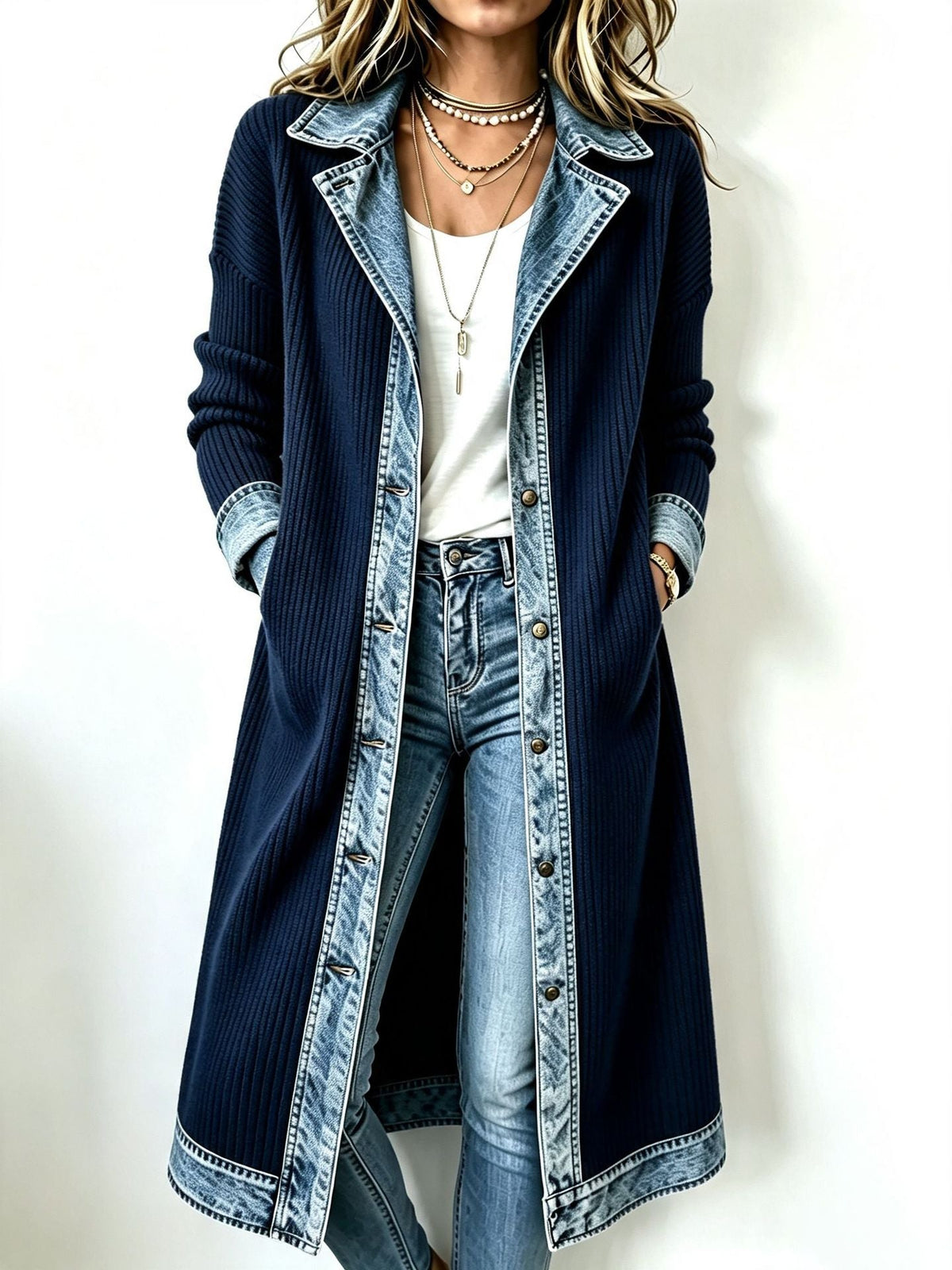 Rosalinda | Cardigan Lungo in Maglia con Dettagli in Denim