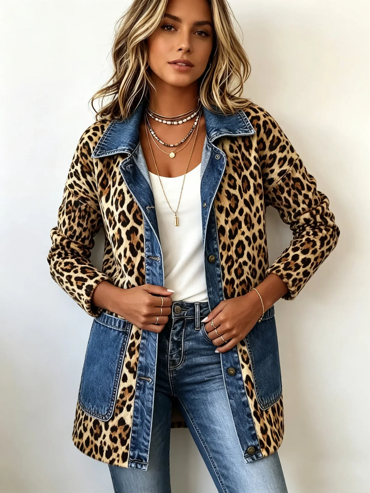 Nives | Giacca Lunga Leopardata con Dettagli a Contrasto