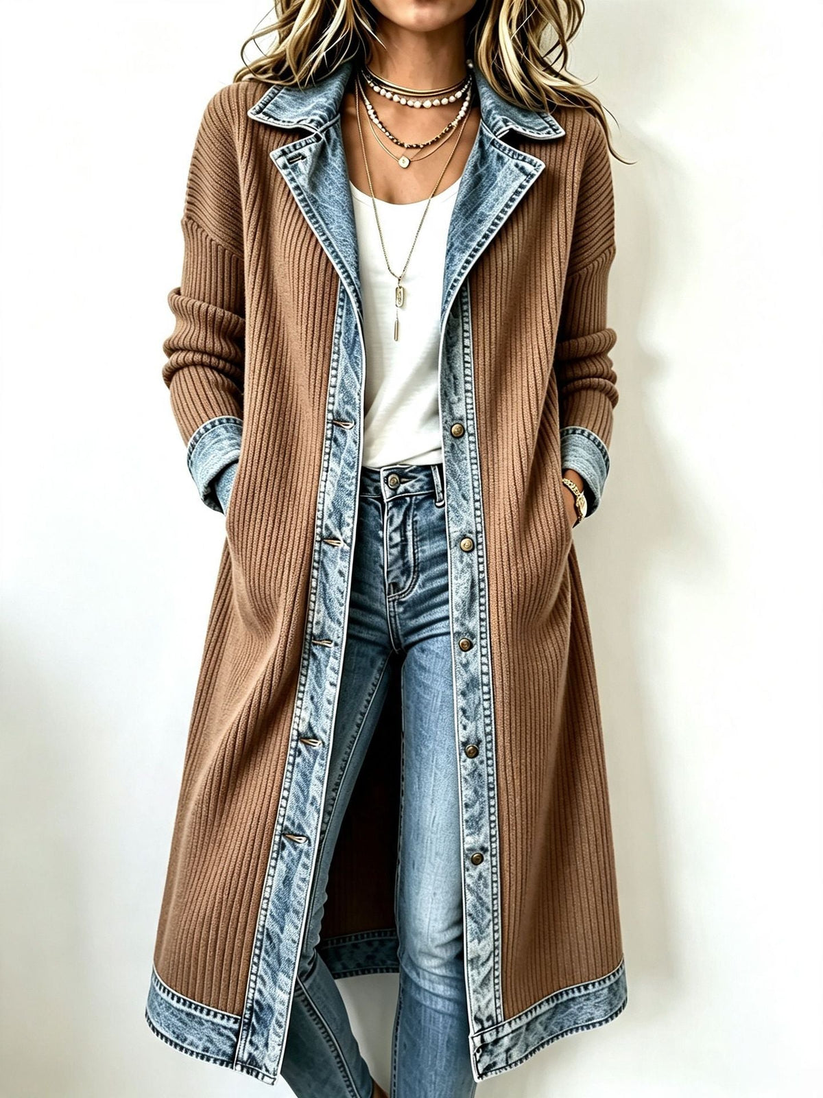 Rosalinda | Cardigan Lungo in Maglia con Dettagli in Denim