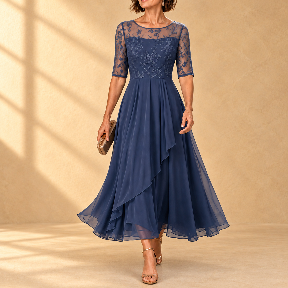 Rhonda | Abito Midi in Pizzo con Gonna in Chiffon